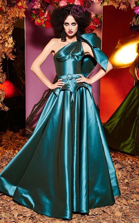 Mnm Couture 2436 Structured Asymmetrical Bow Ornate Ballgown In Blue