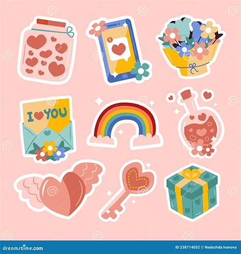 Flat Valentines Day Stickers Set Vector Illustration Stock Vector