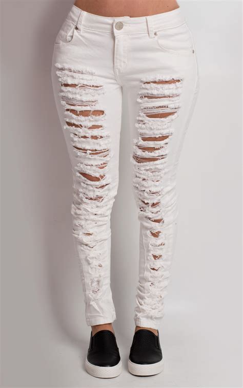 Womens Ladies White Ripped Skinny Fitted Jeans