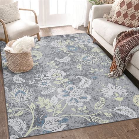 GlowSol 8x10 Floral Area Rug Low Pile Machine Washable Pet Friendly