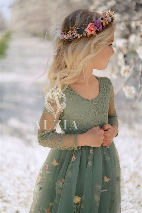 Sage Green Floral Embroidered Tulle Flower Girl Dress Easter Etsy