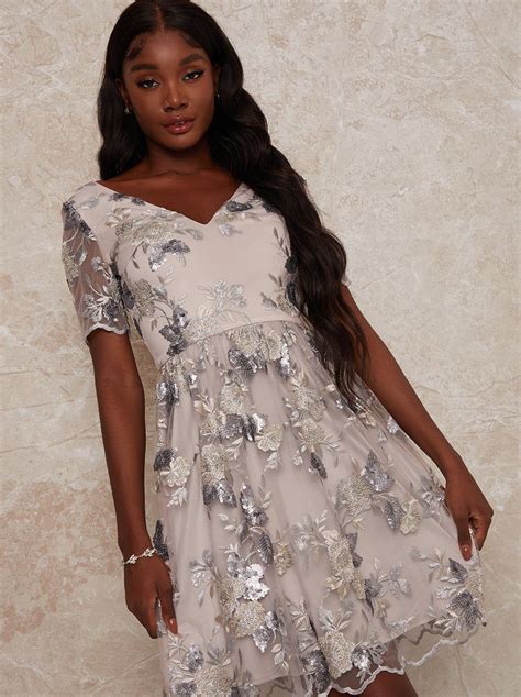 V Neck Floral Embroidered Midi Dress In Silver Silver Embroidery Comfortable Fit Short Sleeves