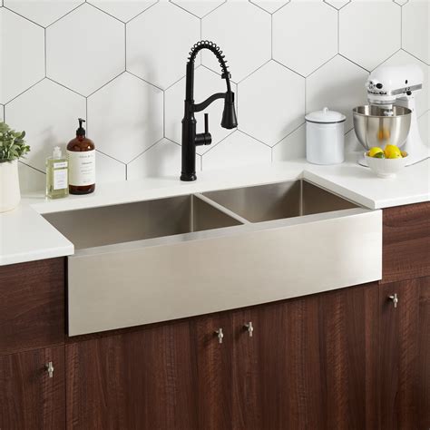 Fournier Offset Double Bowl Stainless Steel Farmhouse Sink