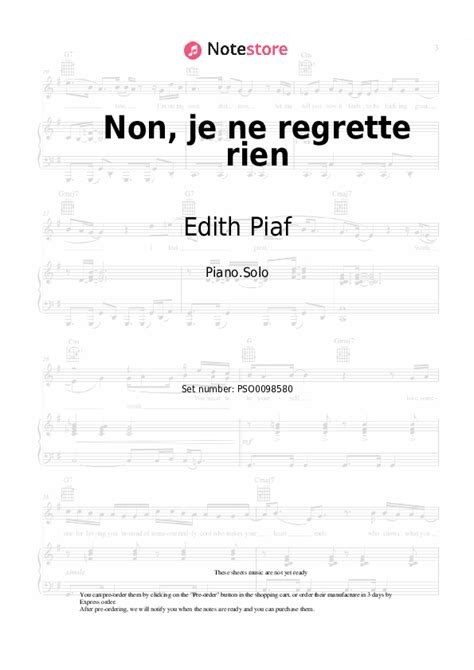 Non Je Ne Regrette Rien Piano Sheet Music Edith Piaf In Note Store