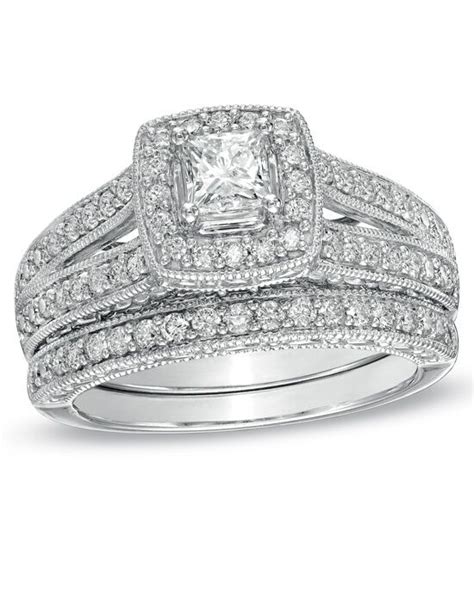 Zales 1 1 4 Ct T W Princess Cut Diamond Frame Bridal Set In 14k White Gold Wedding Ring The Knot