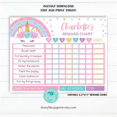 A Customizable Unicorn Themed Reward Chart That You Can Personalize