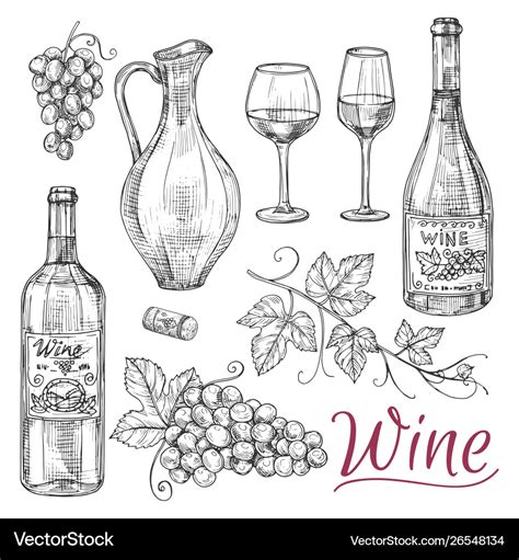 Sketch Wine Elements Bottles Glasses Royalty Free Vector