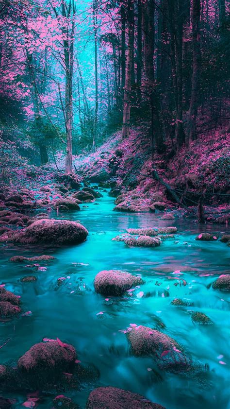 Blue river, forest, nature, pink trees, water, HD phone wallpaper | Peakpx