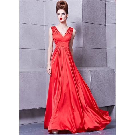 Gorgeous Deep V Neck Sheer Tulle Back Long Red Chiffon Beaded Prom Dress