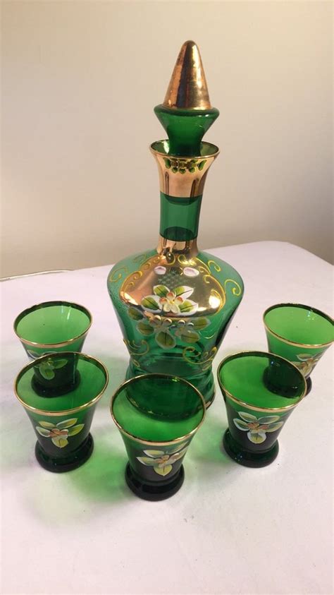 Hand Painted Green Glass Decanter Set Made In Japan Saki