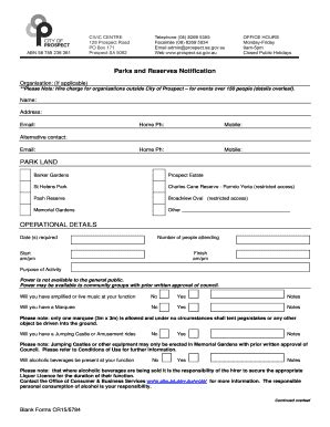 Fillable Online Prospect Sa Gov CR15 5784 Form Parks And Reserve