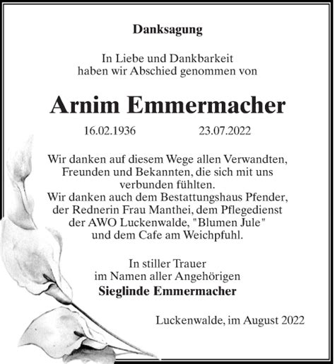 Traueranzeigen Von Arnim Emmermacher Trauer Anzeigen De