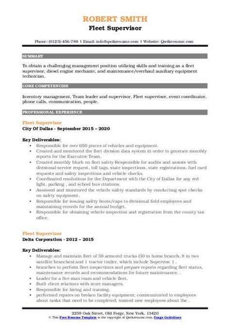 10 Fleet Supervisor Resume Samples And Templates For 2025