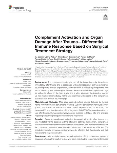 PDF Complement Activation And Organ Damage After TraumaDifferential