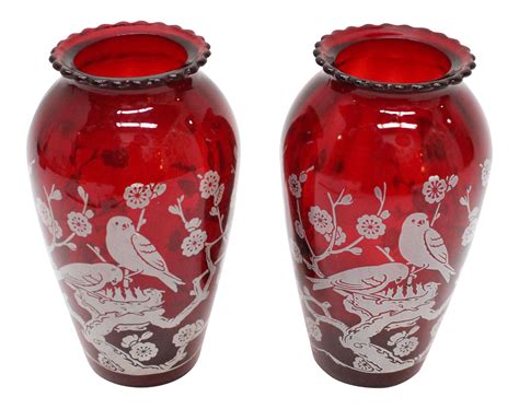 Vintage Etched Cranberry Red Glass Vases A Pair Chairish