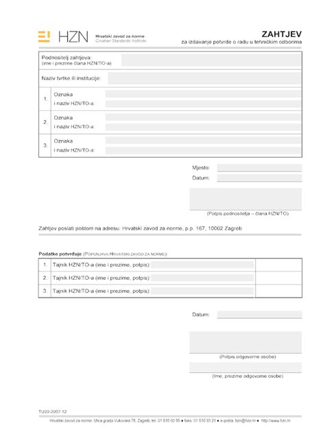 Fillable Online Hzn Zahtjev Za Izdavanje Potvrde O Radu U Tehnikim