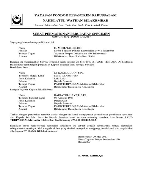 Detail Contoh Surat Permohonan Penambahan Specimen Tanda Tangan Koleksi