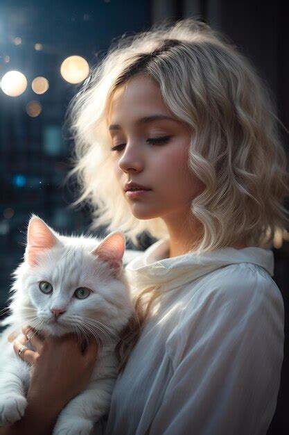 Premium Photo A Woman Holding A White Cat With Affection And Tenderness