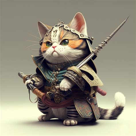 Premium Photo | Samurai funny cat knight with a sword and shield on a gray background generative ai