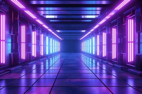 Premium Photo Futuristic Corridor With Glowing Neon Lights 3d Rendering