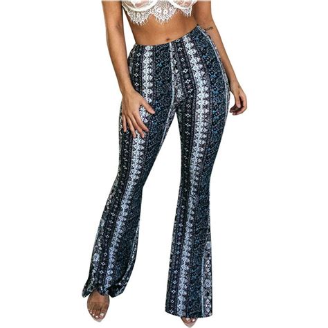 Dewadbow Women Boho Hippie High Waist Printed Wide Leg Pants Long