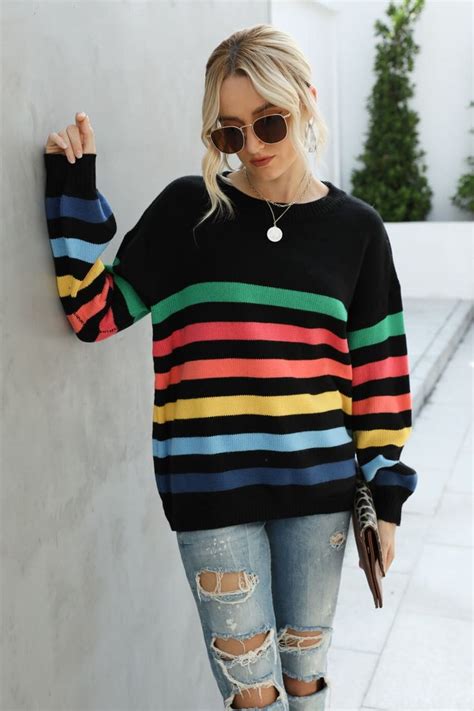 Rainbow Stripe Dropped Shoulder Sweater Stripes Fashion Types Of