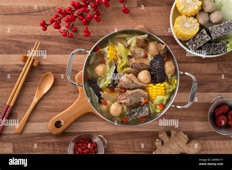 Delicious Ginger Duck Stew Hot Pot Soup With Fresh Vegetables In Taiwan Stock Photo Alamy
