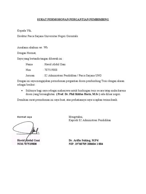 Surat Permohonan Pergantian Pembimbing Docx H Pdf