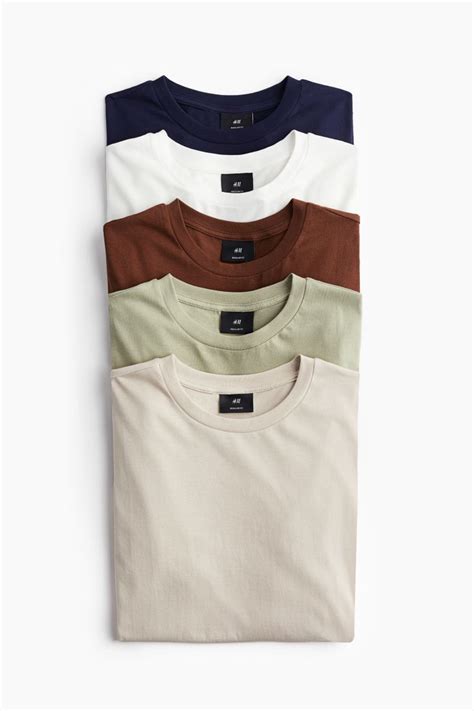 5 Pack Regular Fit T Shirts Whitebeigegreen Men Handm In