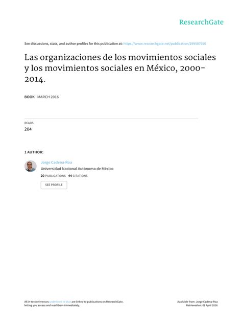 Pdf Jorge Cadena Roa Las Organizaciones De Los Movimientos Sociales