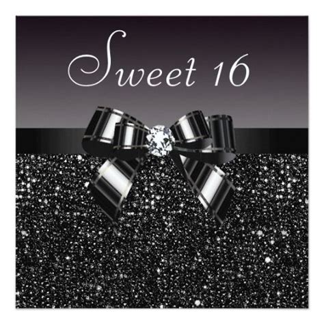 Printed Black Sequins Bow And Diamond Sweet 16 5 25 Square Invitation