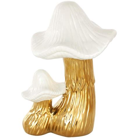 Litton Lane 10 In Gold Ceramic Mushroom Sculpture With White Tops And