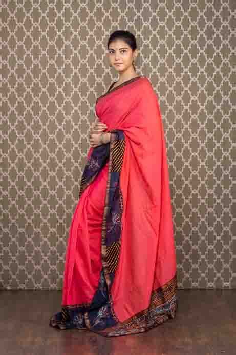 Red Handloom Cotton Saree With Batiq Printed Border Mamatha Tulluri