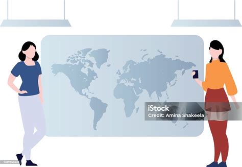 gadisgadis melihat peta dunia ilustrasi stok  gambar