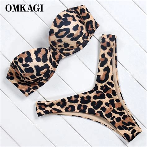 Omkagi Brand Leopard Bikini Set Off Shoulder Swimsuit High Cut Swimwear