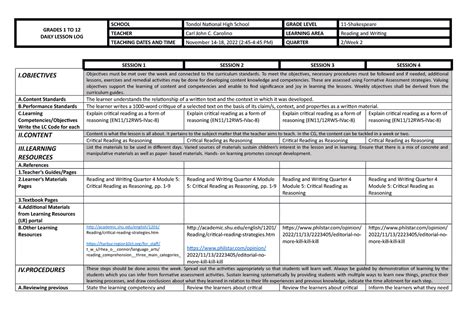 Rw Q2 W2 Sample Lesson Log Grades 1 To 12 Daily Lesson Log School Tondol National High