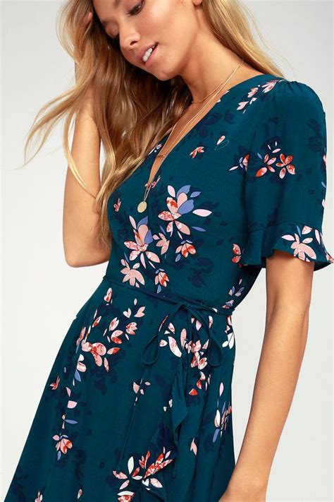 Dalton Teal Blue Floral Print Ruffled Wrap Dress Teal Floral Dress