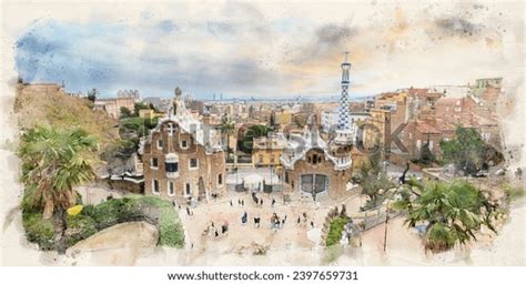 Park Guell Designed By Antoni Gaudi Stock Illustration 2397659731 ...