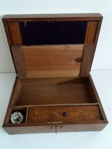 A Wooden Notary Writing Box With Key Inlaid With Brass Mounts And