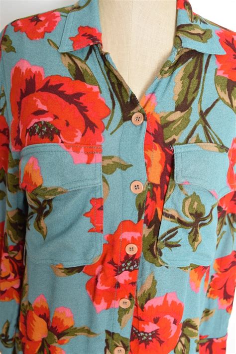 Vintage 90s Top Blue Red Floral Poppies Poppy Print Blouse Etsy