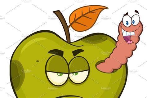 Happy Worm In A Rotten Red Apple Red Apple Fruit Cartoon Apple