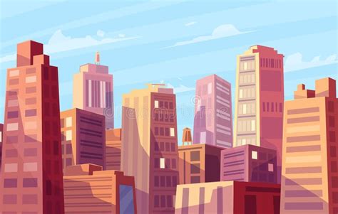 Vector Beautiful Sunshine Over Cartoon City Cityscape With Sun Light