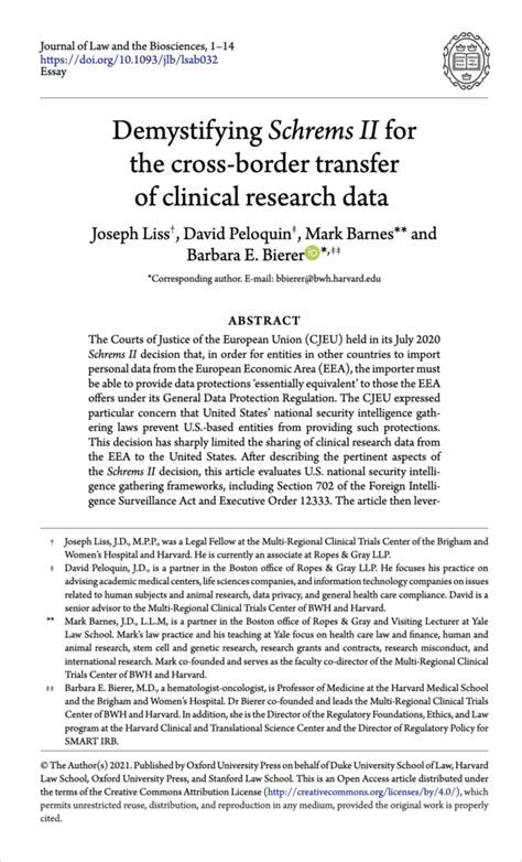 Demystifying Schrems Ii For The Cross Border Transfer Of Clinical