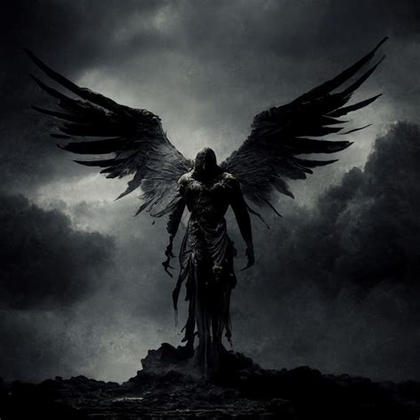 An Angel Standing On Top Of A Hill In The Dark With Large Wings Above It