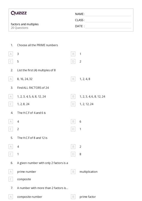 50 Factors And Multiples Worksheets For Kindergarten On Quizizz Free