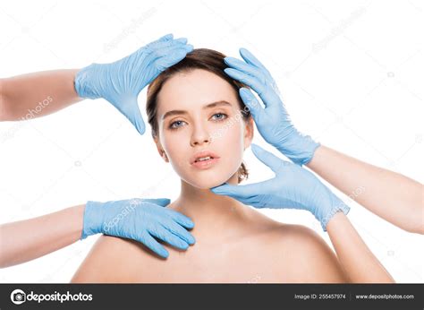 Cropped View Plastic Surgeons Blue Latex Gloves Touching Face Naked