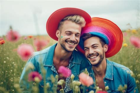 Un Beau Couple Gay Heureux Aux Couleurs De L arc en ciel Dans Un Champ De Fleurs Fond D écran Du