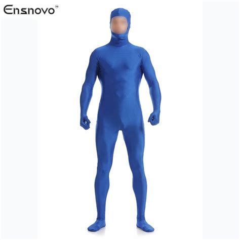 Ensnovo Mens Blue Nylon Bodysuit Lycra Spandex Full Body Face Open Zentai Suit Custom Skin Tight