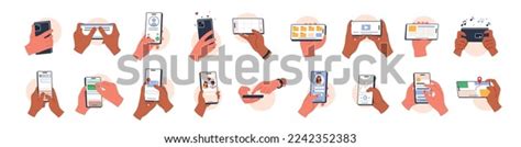 Hands Holding Smartphone Set People Using Stock Vector Royalty Free