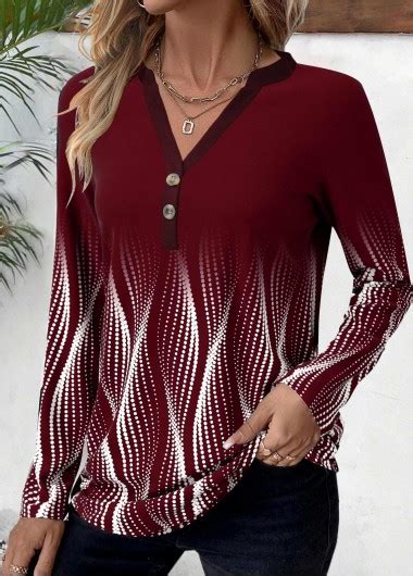 ROTITA Button Ombre Deep Red Split Neck T Shirt Rotita USD 26 98